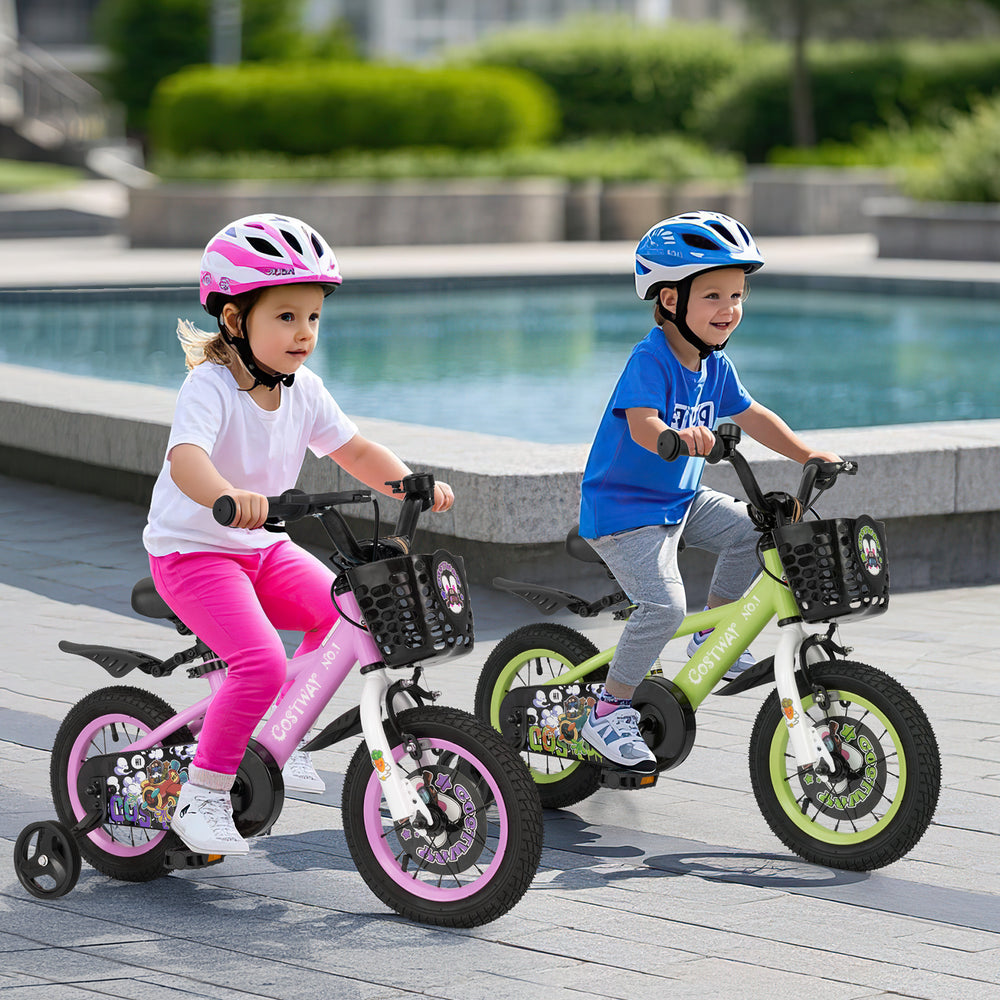 Kids riding 12-inch bikes with adjustable seats and detachable training wheels, perfect for ages 3-4 years.