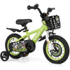 12-inch kids bike in green with detachable training wheels, hand brake, front basket, and adjustable seat for ages 3-4.