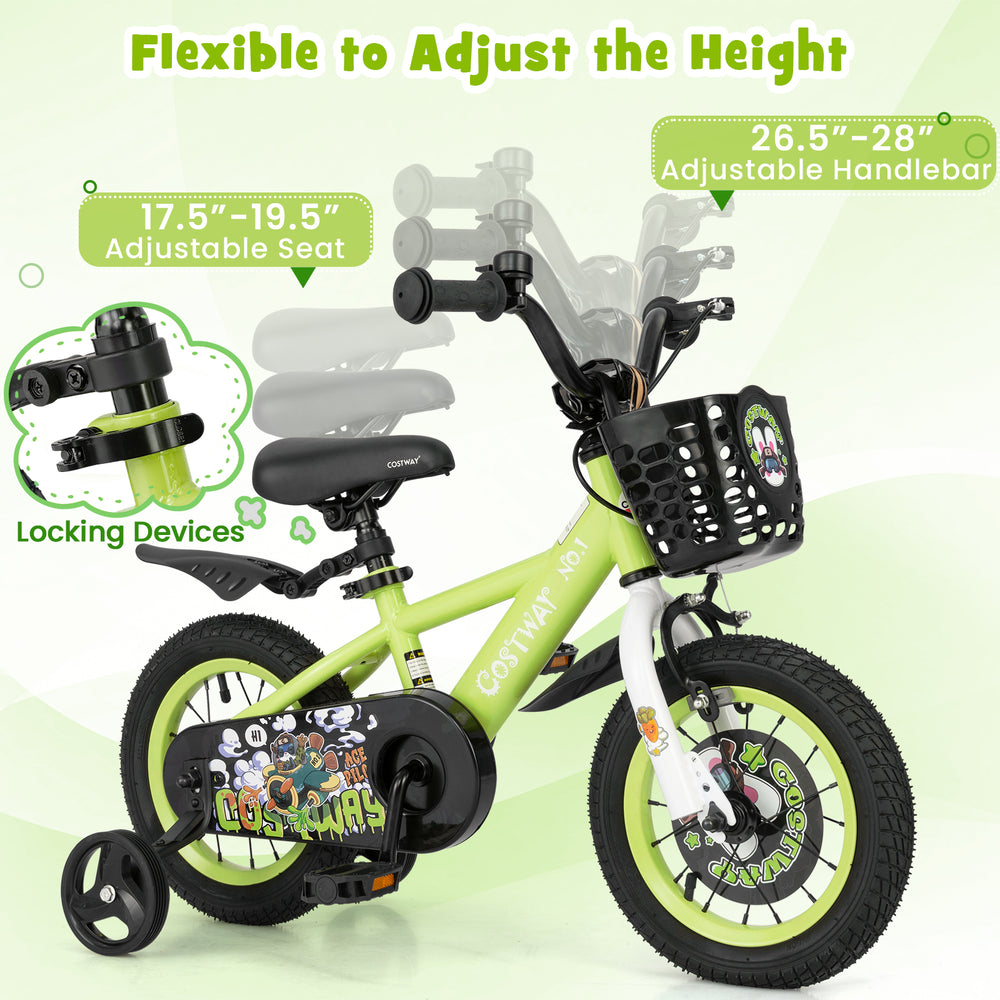 12-inch kids bike with adjustable seat and handlebars, featuring removable training wheels and a front basket for.