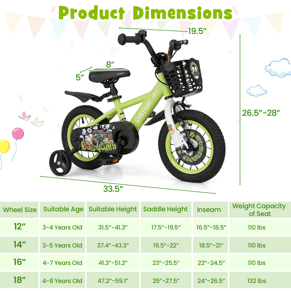 12-inch kids bike in green with adjustable seat and handlebars, detachable training wheels, and front basket for.