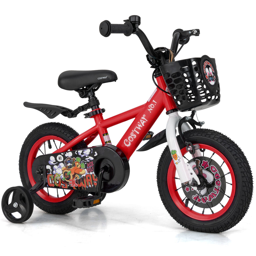 Red 12-inch kids bike with adjustable seat, storage basket, and double brakes, perfect for 3-4 years old riders.