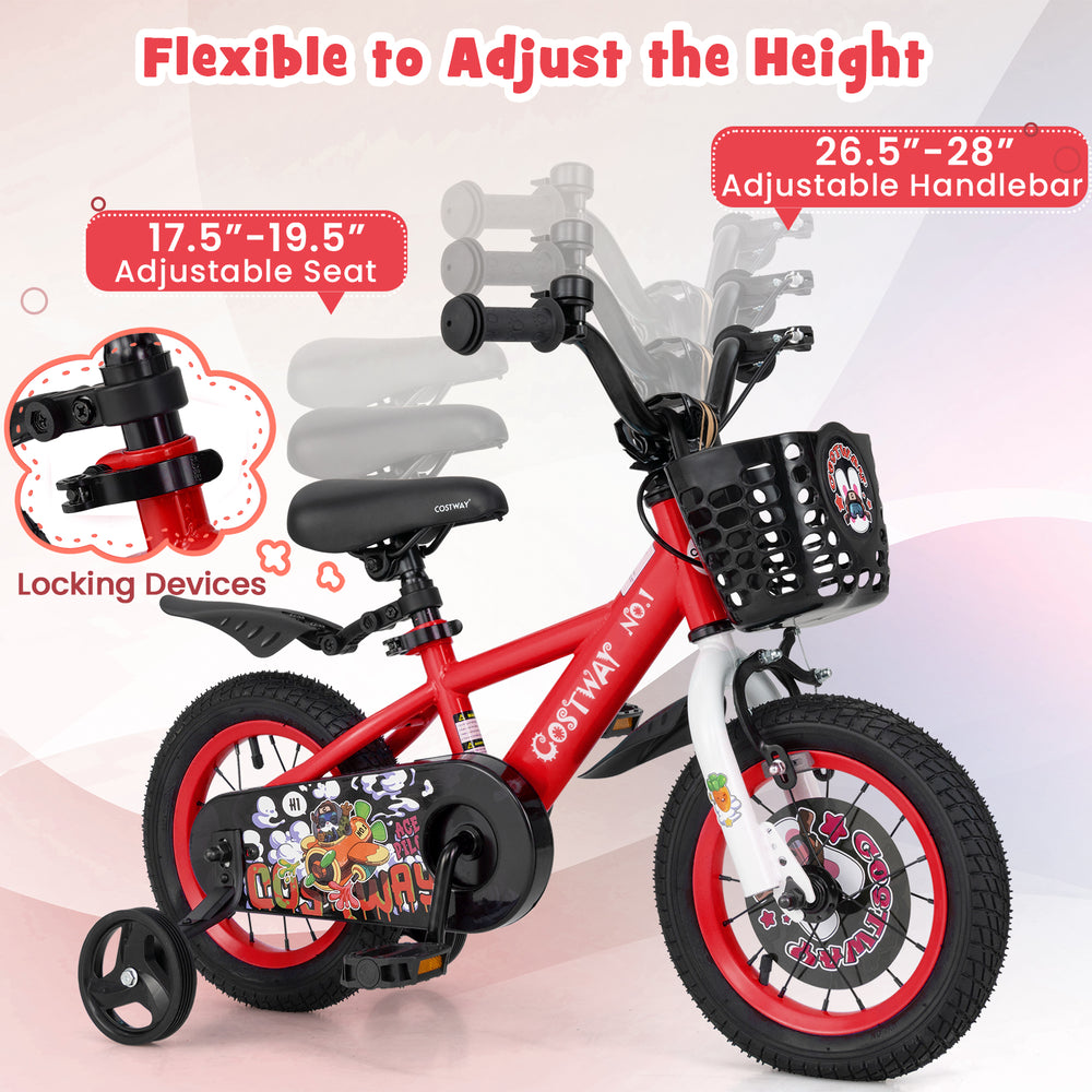 12-inch kids bike with adjustable seat and handlebar, storage basket, and double brake for ages 3-4 years.