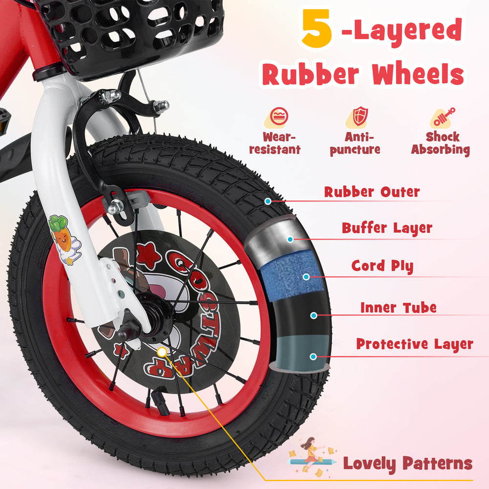 Close-up of 12-inch kids bike rubber wheel showcasing 5-layer design for anti-puncture and shock absorption.
