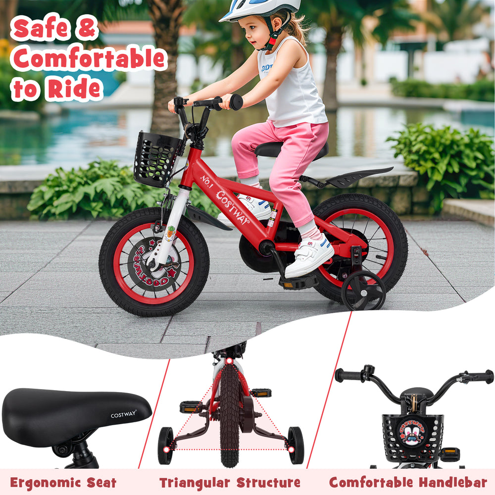12-inch kids bike with adjustable seat and handlebar, removable training wheels, and front storage basket for stability.