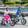 Two kids riding 12-inch bikes with adjustable handlebars and training wheels, perfect for ages 3-4 years old.