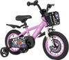 12-inch kids bike in pink with adjustable handlebar, removable training wheels, and front basket for storage.