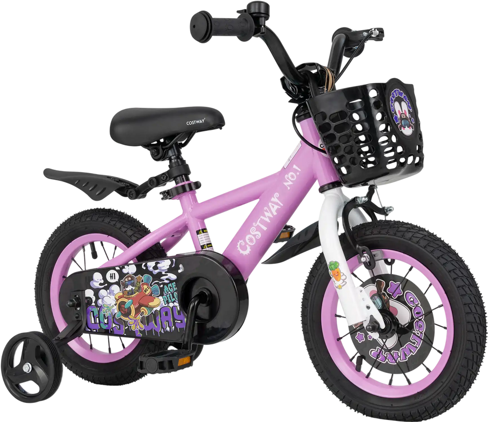 12-inch kids bike in pink with adjustable handlebar, removable training wheels, and front basket for storage.