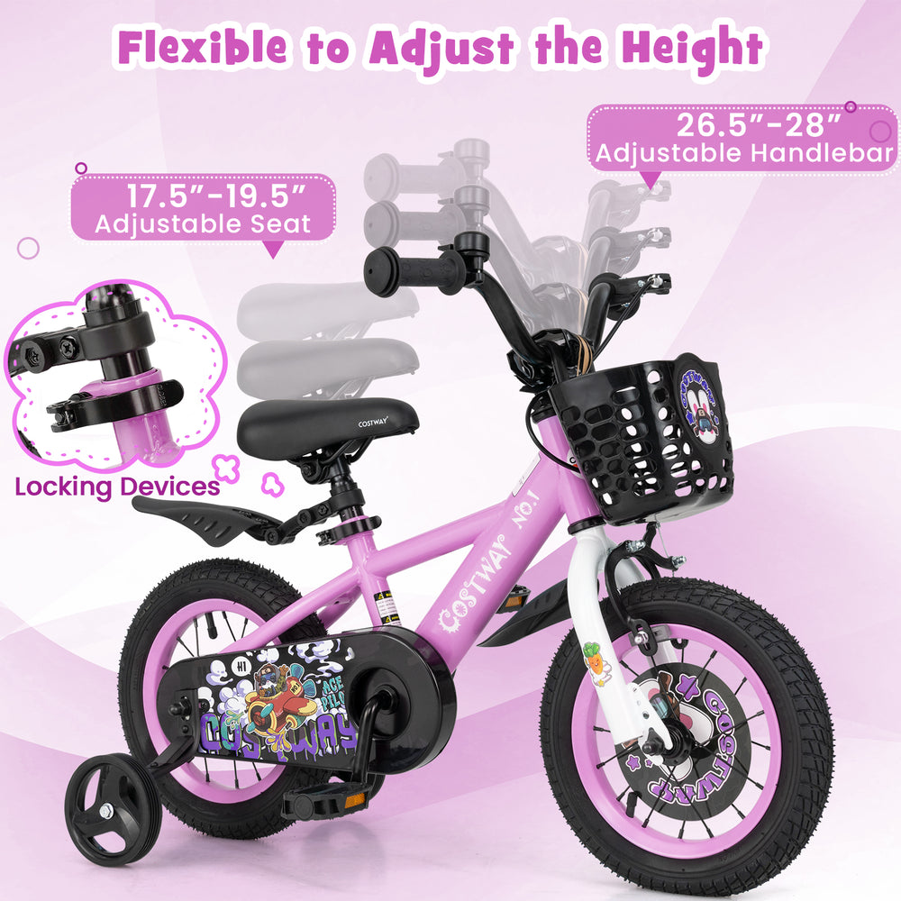 12-inch kids bike with adjustable handlebar and saddle, featuring removable training wheels and a front basket for.
