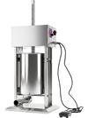 Electric sausage stuffer with 12L capacity, stainless steel tubes, and foot pedal for easy operation and speed control.