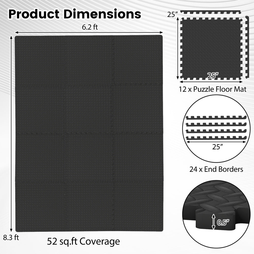 Black 12-tile puzzle exercise floor mat with 52 sq. ft. coverage, ideal for home workouts and easy cleaning.