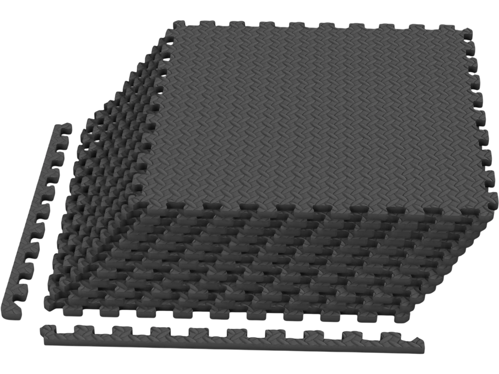 Black 12-piece puzzle exercise floor mats made of EVA foam, ideal for home workouts and easy to clean.