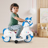 Unicorn ride-on toy with training wheels, featuring a comfortable seat and safe operation for kids in a playful setting.