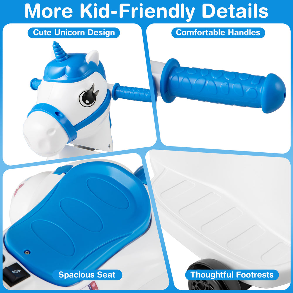 Spacious seat and comfortable handle of the 12V unicorn ride-on toy with training wheels for kids' safety and fun.