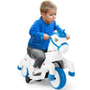 Child riding the 12V unicorn ride-on toy in navy, featuring training wheels and a comfortable seat for safe fun.
