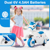 Unicorn ride-on toy with training wheels, dual 6V batteries, and horse riding mode for kids' fun and safety.