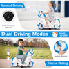Unicorn ride-on toy in navy with training wheels, featuring dual driving modes for kids' fun and stability.