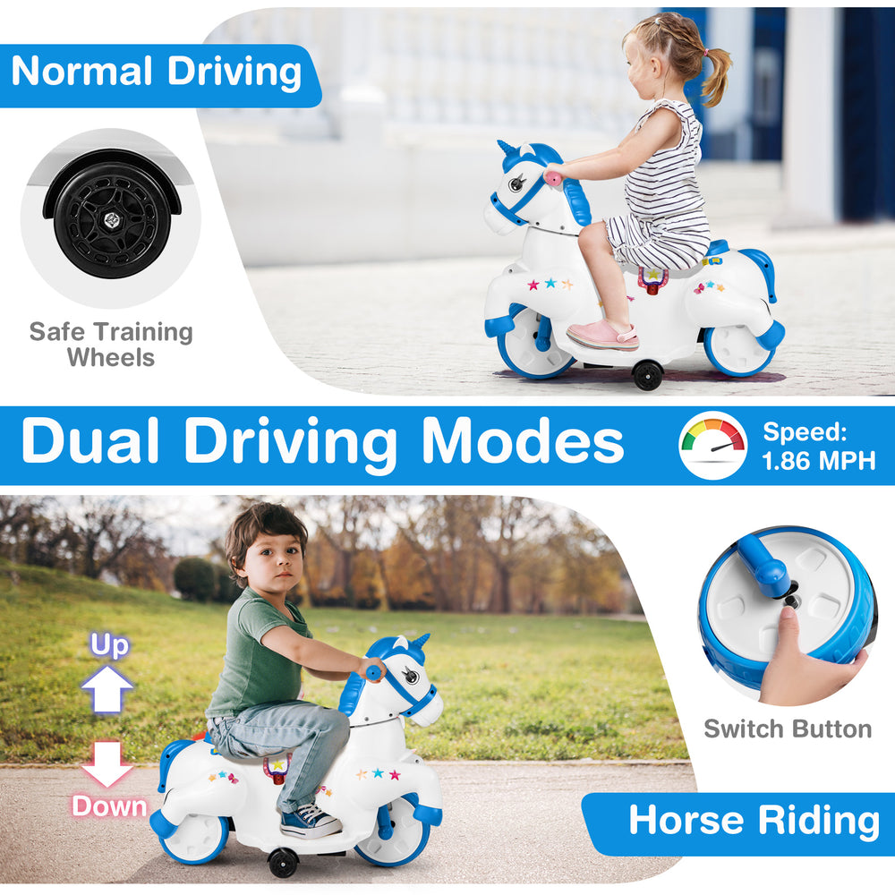 Unicorn ride-on toy in navy with training wheels, featuring dual driving modes for kids' fun and stability.