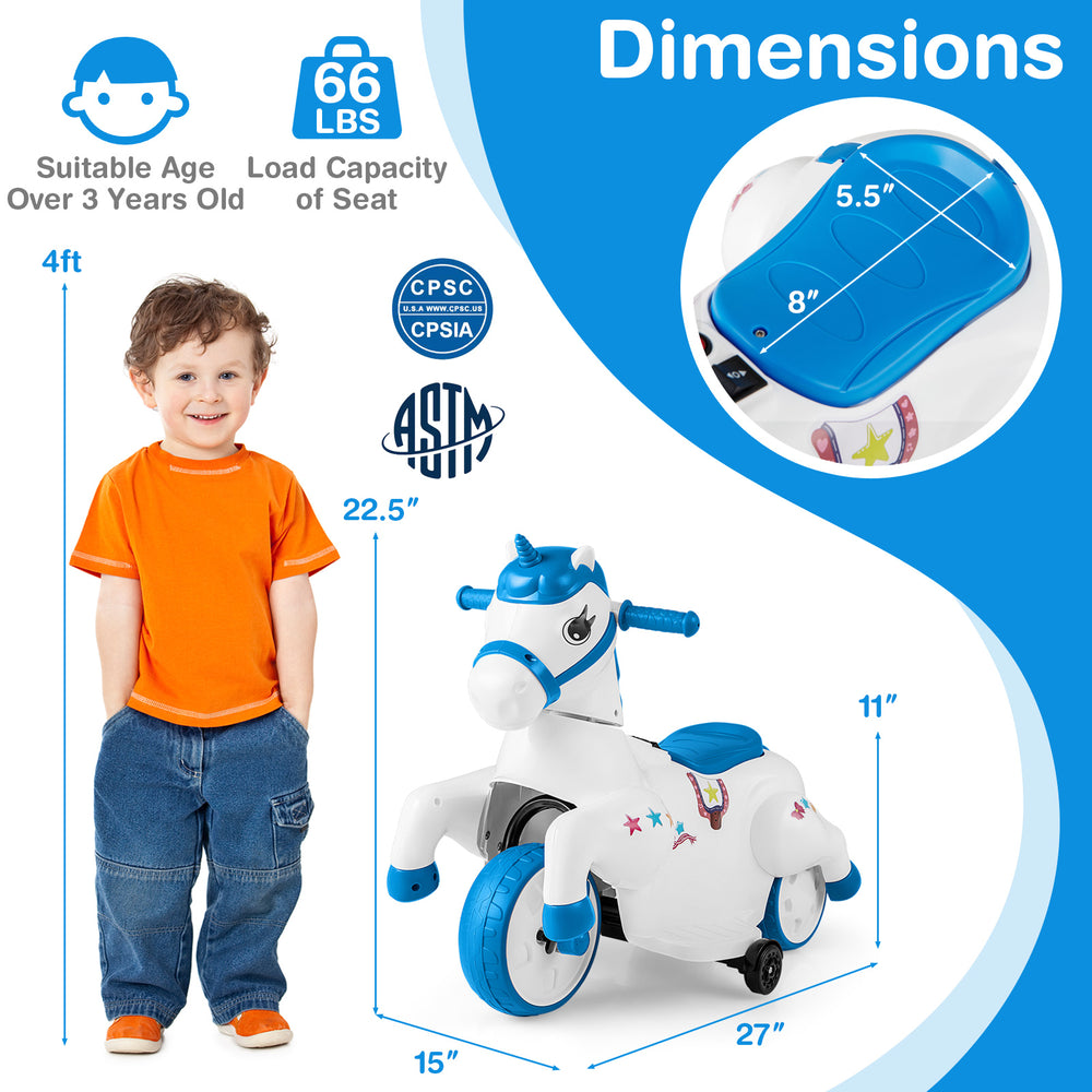Unicorn ride-on toy with training wheels, 12V, navy color, ideal for kids over 3 years, featuring comfortable seat.