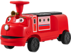 Bright red 12V kids ride-on train with adjustable seat, music features, and storage compartment for ages 3-6.