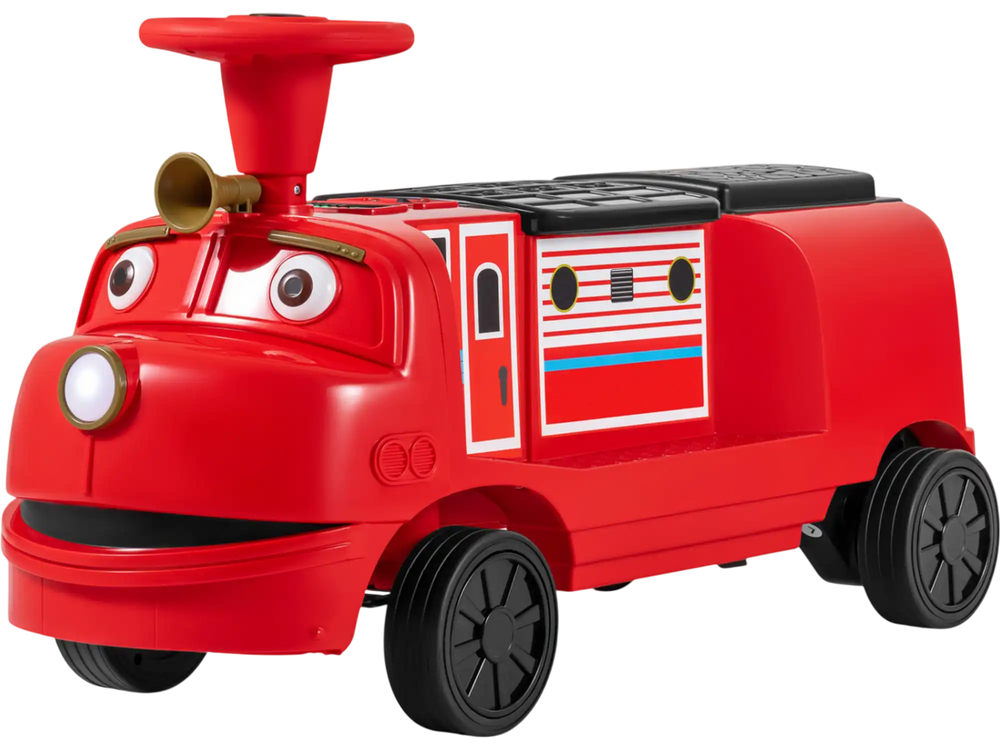 Bright red 12V kids ride-on train with adjustable seat, music features, and storage compartment for ages 3-6.