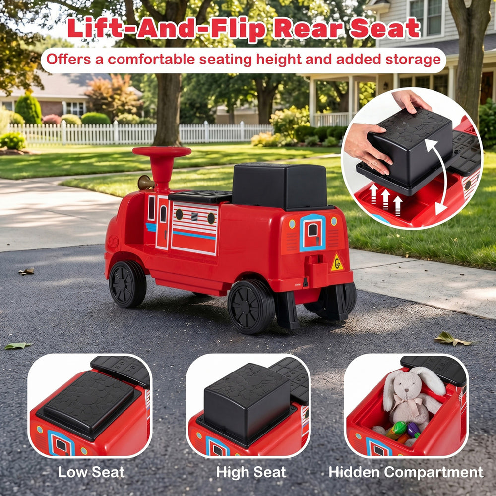 Kids ride-on train with adjustable lift-and-flip rear seat, hidden storage, and bright Chuggington design for ages 3-6.