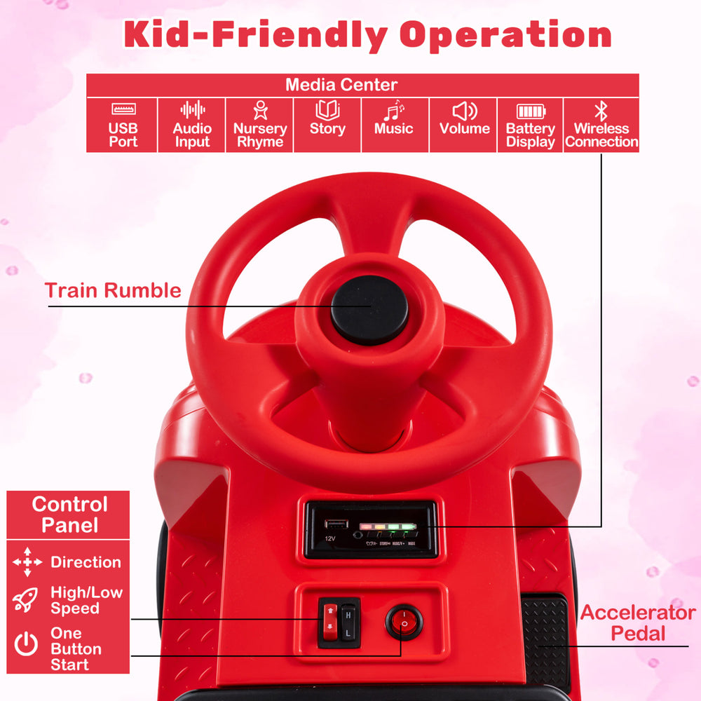 Red 12V kids ride-on train with adjustable seat, media center, and easy control panel for ages 3-6.