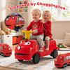 Two children riding a red 12V Chuggington train with adjustable seat and music features, perfect for ages 3-6.