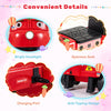 Bright red 12V kids ride-on train with spacious seat, charging port, and anti-tipping design for safe play.