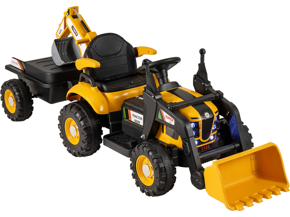 4-in-1 kids ride-on tractor in yellow with detachable trailer, adjustable shovel, and remote control for fun outdoor.