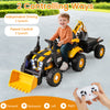 Kids ride-on tractor in yellow with detachable trailer, remote control, and adjustable shovel for outdoor fun.