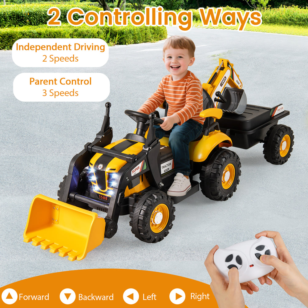 Kids ride-on tractor in yellow with detachable trailer, remote control, and adjustable shovel for outdoor fun.