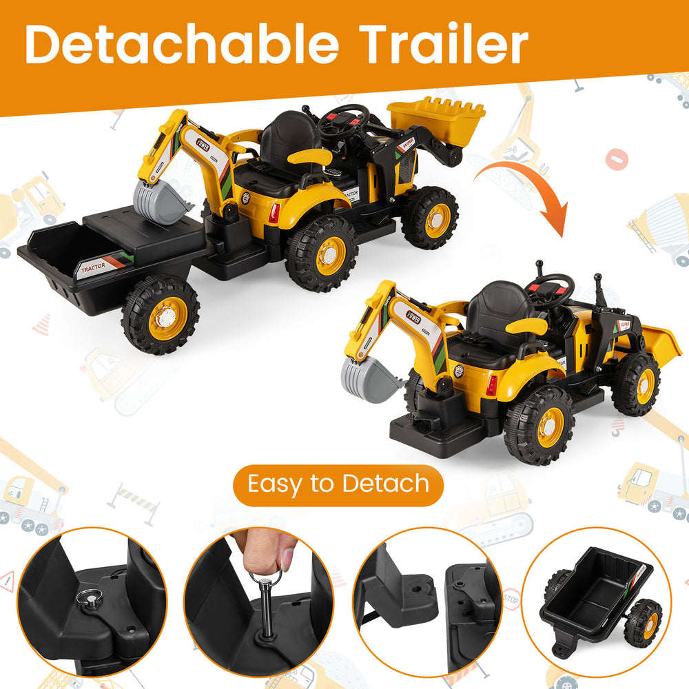 4-in-1 kids ride-on tractor with detachable trailer, adjustable shovel, and remote control for fun outdoor play.