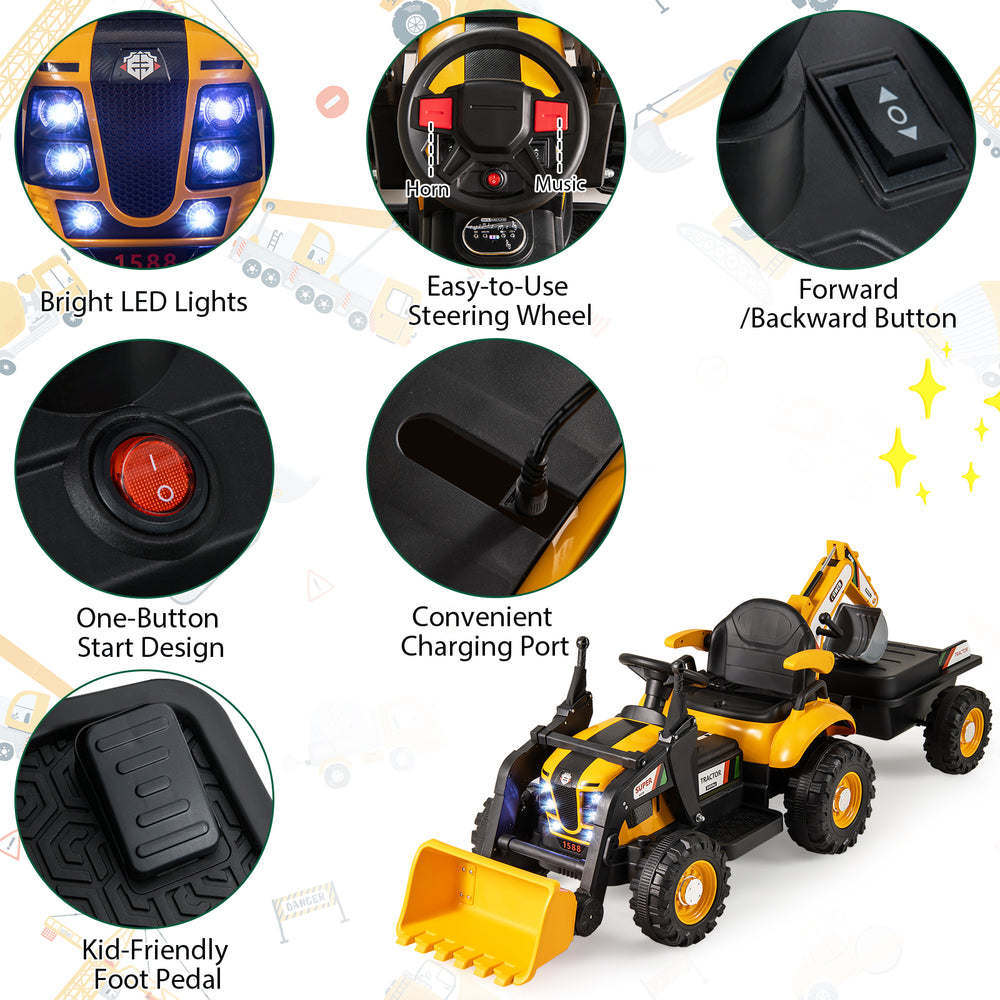 Kids ride-on tractor with detachable trailer, adjustable shovel, LED lights, and remote control for fun outdoor play.