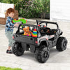 Battery-powered electric vehicle in black with remote control, featuring a storage compartment and adjustable seat for.