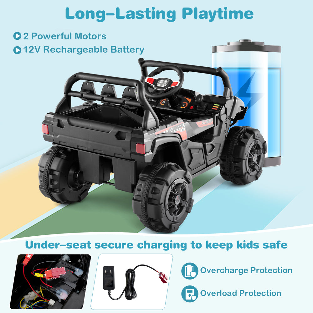 12V battery powered electric vehicle in black with remote control, featuring 2 motors and secure charging for kids'.