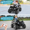 Battery-powered electric vehicle in black for kids, featuring parent control mode and adjustable speed settings.