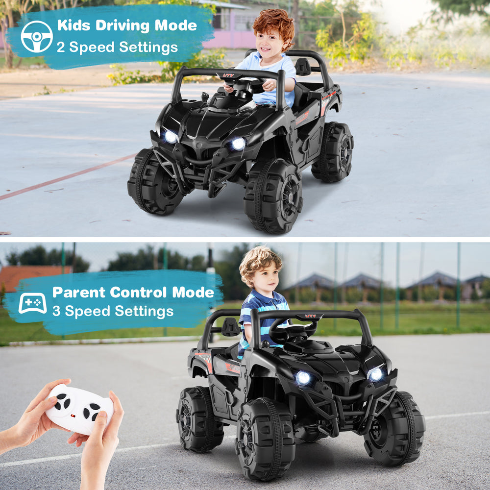 Battery-powered electric vehicle in black for kids, featuring parent control mode and adjustable speed settings.