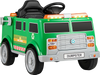 Green 12V battery-powered electric vehicle with remote control, trash bin, and LED lights for kids' imaginative play.