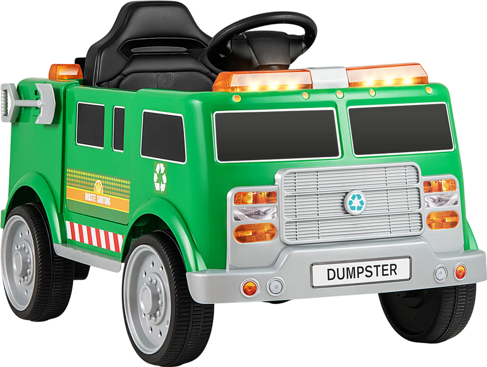 Green 12V battery-powered electric vehicle with remote control, trash bin, and LED lights for kids' imaginative play.