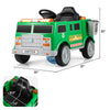 Battery-powered electric vehicle in green with trash bin, remote control, and safety features for kids' playtime.