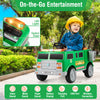 Kids' 12V battery-powered electric vehicle in green with trash bin, remote control, LED lights, and immersive sounds.