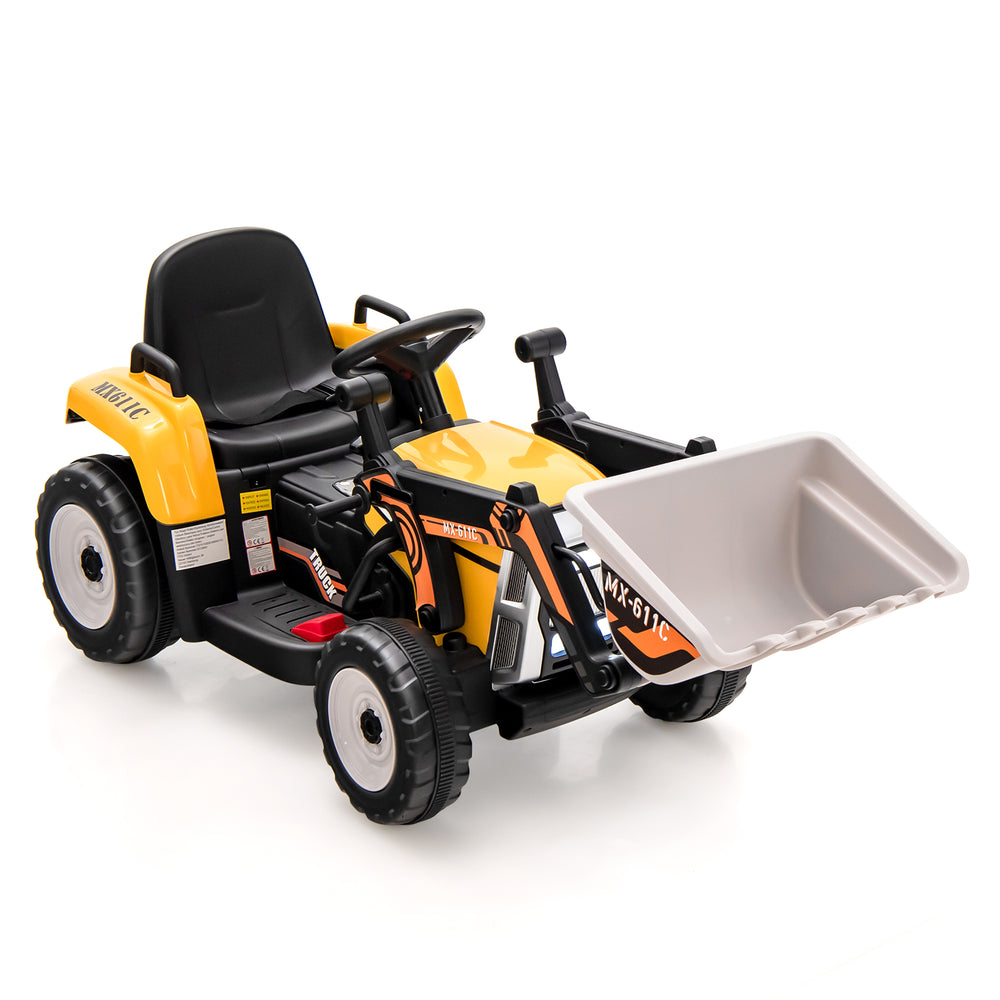 Kids ride-on excavator in yellow with adjustable arm and bucket, designed for fun and skill development.
