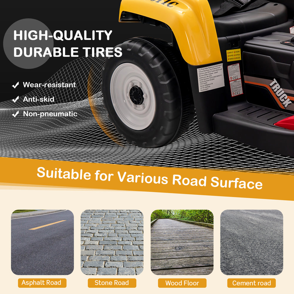 Close-up of durable anti-skid tire on the 12V kids ride-on excavator, designed for various road surfaces.