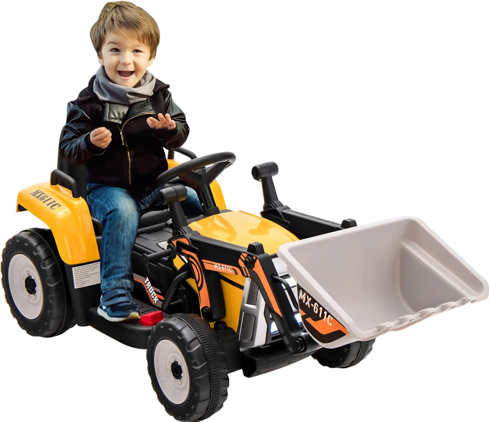 Kids ride-on excavator in yellow with adjustable bucket, remote control, and spacious seat for outdoor fun.