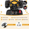 Close-up of the steering wheel and control panel of a yellow 12V battery-powered kids ride-on excavator with remote.