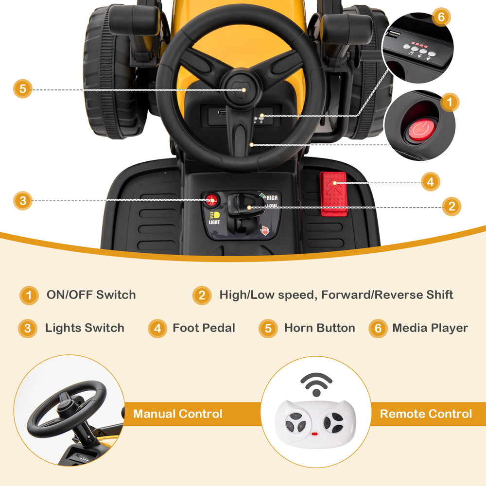 Close-up of the steering wheel and control panel of a yellow 12V battery-powered kids ride-on excavator with remote.