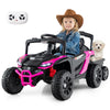 Battery-powered ride-on tractor in black and pink with parent remote control, featuring a child driving and a puppy.