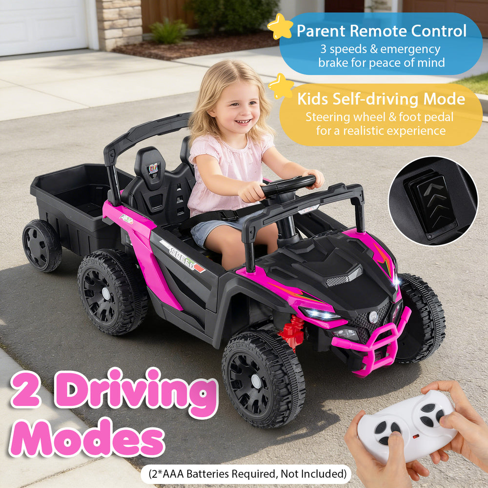 Battery-powered ride-on tractor in black and pink with parent remote control and detachable trailer for kids' fun.