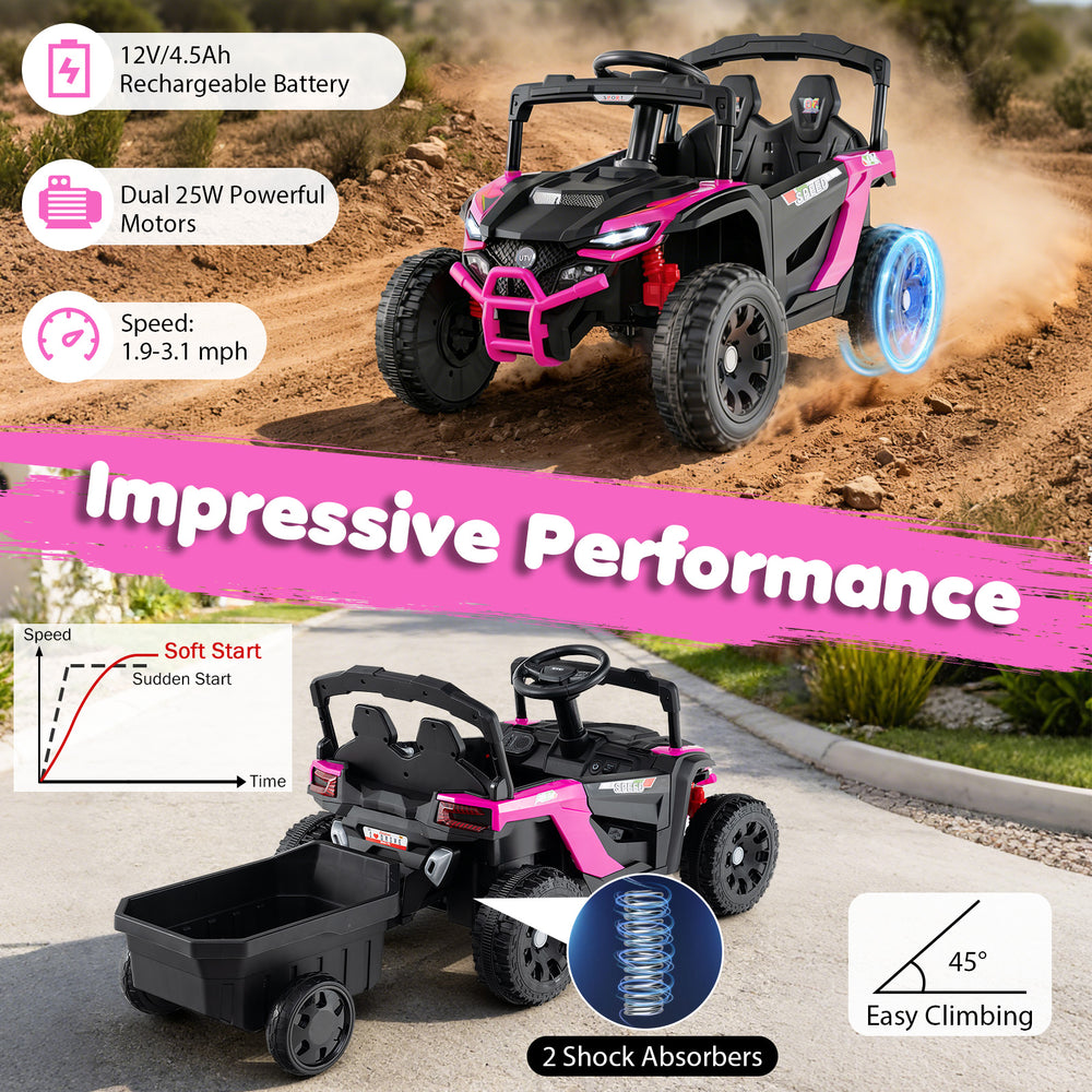 12V battery powered ride-on tractor in black and pink with parent remote control, featuring dual motors and detachable.