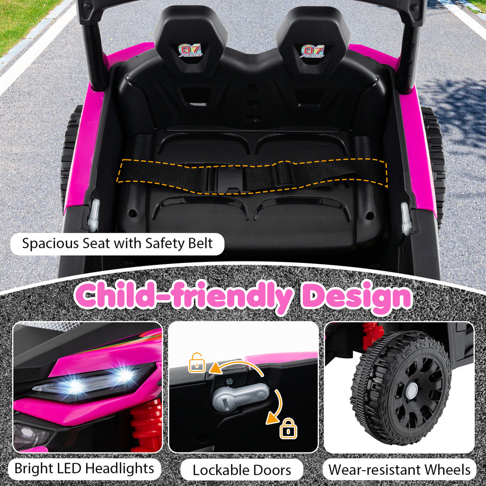 Spacious seat with safety belt and lockable doors in the 12V battery-powered ride-on tractor for child safety.